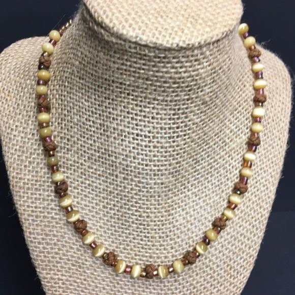 Brown Beige Moonstone Necklace Knotted Cord Seed Bead Gold Retro Boho - Picture 1 of 6